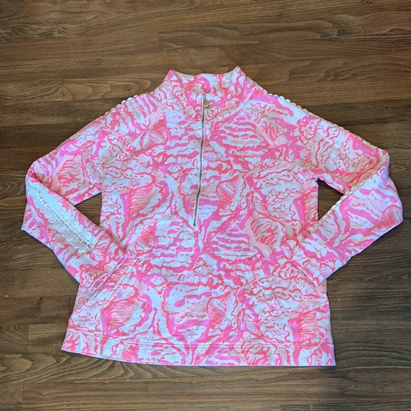 LILLY PULITZER CORAL REEF SKIPPER POPOVER LACE SLEEVE PULLOVER QUARTER ZIP PINK - Picture 3 of 10